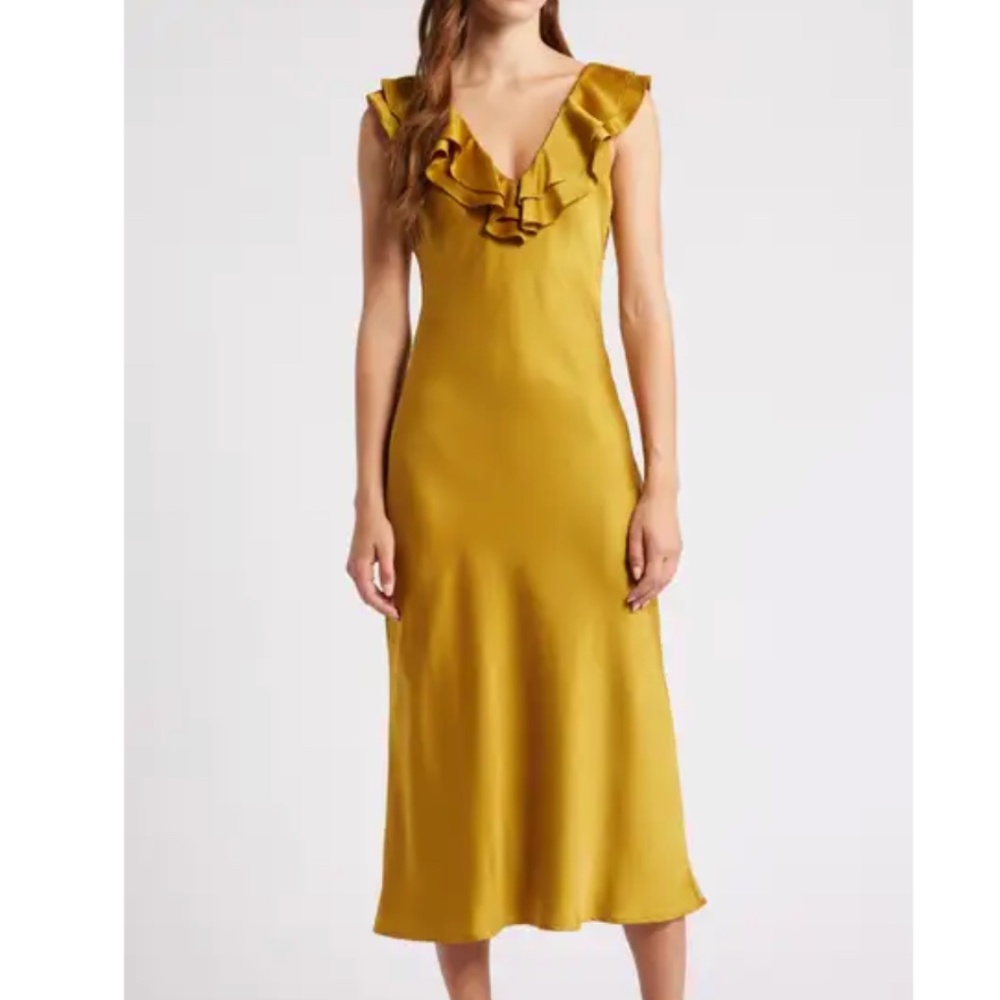 WAYF Lida Ruffle Cap Sleeve Satin Midi Dress